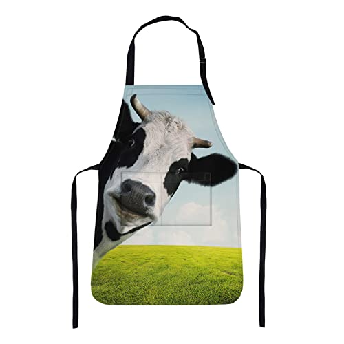 Britimes Apron Home Kitchen Waterproof Cooking Baking Gardening for Women Men With Pockets Funny Cow On Green Grassland 32x28 inch