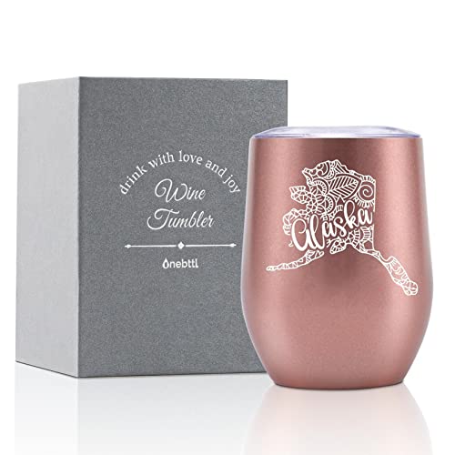 Onebttl Us States Themed Travel Homesick Gift, Souvenirs for Women, 12oz Stainless Steel Wine Tumbler with Lid, Perfect for Christmas, Moving Gift - Alaska Rosegold