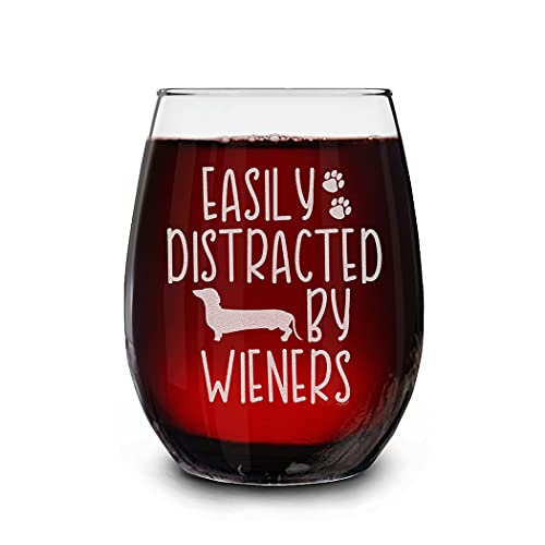 shop4ever Easily Distracted By Wieners Engraved Stemless Wine Glass 15 oz. Funny Dachshund Weiner Dog Mom Gift