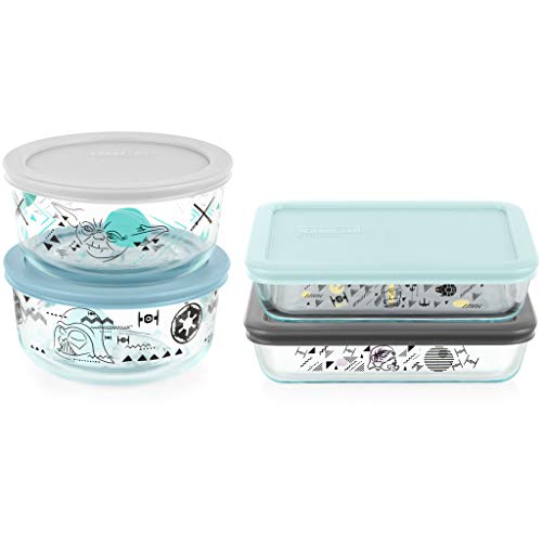 Pyrex 8-Pc Glass Food Storage Container Set, 4-Cup & 3-Cup Decorated Round Meal and Rectangle Prep Containers, Non-Toxic, BPA-Free Lids, Disney's Star Wars