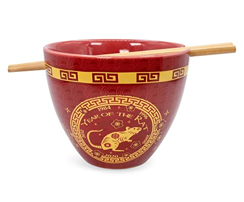 Boom Trendz Year Of The Rat Chinese Zodiac Ceramic Dinnerware Set | Includes 16-Ounce Ramen Noodle Bowl and Wooden Chopsticks Asian Food Dish For Home & Kitchen Kawaii Lunar New Gifts Red One Size