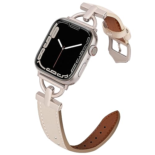 Unique D-Shape Metal Buckle Bands Compatible with Apple Watch Band 38mm 40mm 41mm Top Grain Leather Strap Compatible for Women iWatch Series 8 7 6 5 4 SE (38, Beige/Starlight)