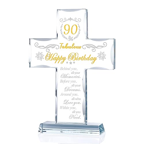 90th Birthday Religious Gifts for Women Men, Glass Cross Stand Engraved with Happy 90 and Fabulous Birthday Blessing, 90th Birthday Presents Ideas for Friends Grandma Mom Turning 90 Years Old