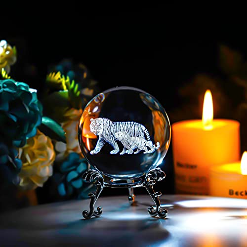 ZEERSHEE 60mm 3D Tigers Crystal Ball with Stand Glass Laser Engraved Tigers Ball Figurine Decorative Glass Ball Paperweights for Home Office Glass Tigers Collectibles Figurines