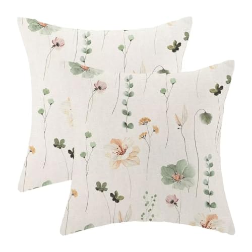 AEIOAE Spring Pillow Covers 18x18 Inch Set of 2, Watercolor Sage Green Flower Decorative Throw Pillows Farmhouse Linen Floral Pillow Case for Sofa Bedroom Living Room Indoor Outdoor