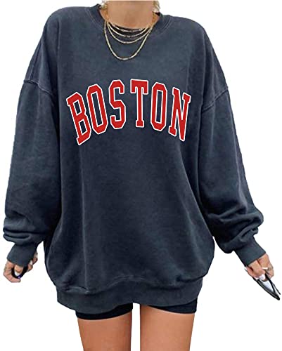 Women's Oversized Sweatshirt Boston Long Sleeve Casual Loose Pullover Tops