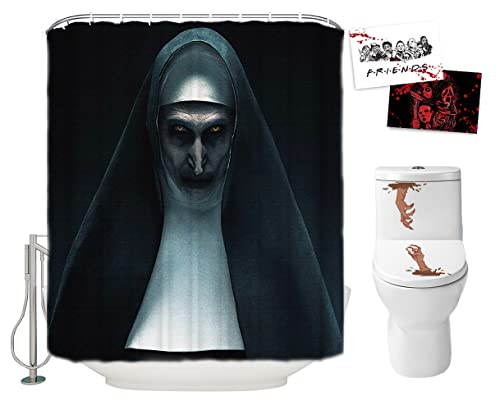 Halloween Shower Curtain Set for Bathroom- Scary Nun The Conjuring Horror Movie Themed Holiday Polyester Fabric Decoration with Hooks and Toilet Stickers, Christmas Party Decor 72x72