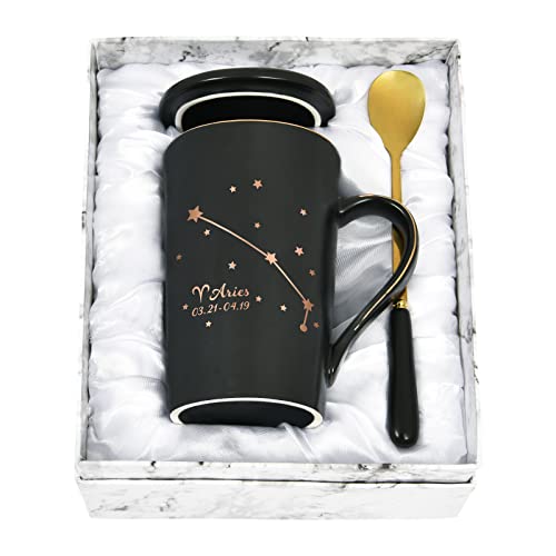 YHRJWN - Aries Gifts for Women, Aries Zodiac Sign Star Coffee Mug, Aries Gifts for Girls Women Men Teens, Mar Apr Birthday Gifts for 12 Horoscope Astrology Lovers, 14 Oz Black Cup with Gift Box