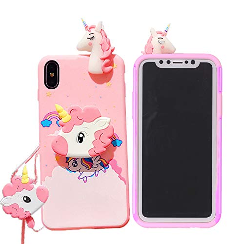 Unicorn Case for iPhone X/XS 5.8” with String Rope,3D Cartoon Design Cute Elastic Kickstand Protective Case, iPhone X Case iPhone Xs Case Kawaii Fashion for Kids Child Teens Girls Women (Pink)