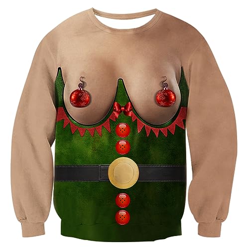 uideazone Unisex 3D Ugly Christmas Sweater Elf Boobs Printed Funny X-mas Party Graphic Sweatshirts Pullover for Men Women