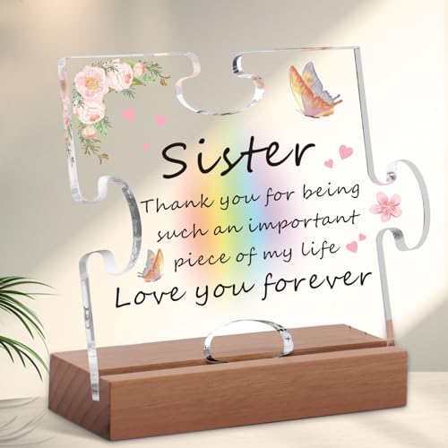 Sister Gifts from Sister, Sister Acrylic Puzzle Piece Gift for Sisters, for Sister Birthday Gifts for Sisters, 5.6 x 5 Inch Sister Acrylic Puzzle Plaque, Wooden Base