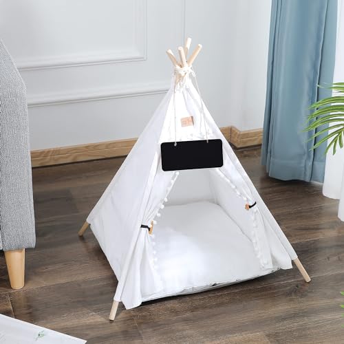 GeerDuo Pet Teepee, Portable Pet Tents for Small Dogs or Cats, Puppy Sweet Bed Washable Dog or Cat Houses with Cushion(White,24')