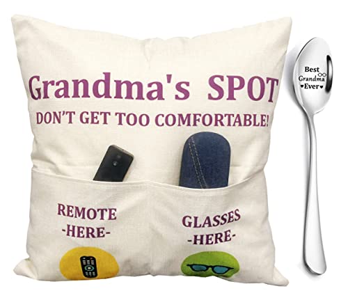 ZUYUROU Grandma Gifts, 2-Pocket Grandma’s Spot Throw Pillow Covers 18x18 Inch + Engraved Spoon, Birthday Christmas hanksgiving Day Gifts for Grandma Mom Gigi Nana Mimi