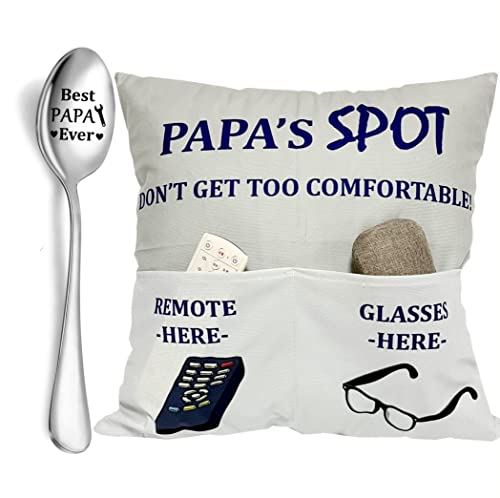 Papa Gifts Grandpa Gifts, 2-Pocket 2-Sided Papa Pillow Covers 18x18 Inch and Engraved Spoon, Fathers Day Birthday Christmas Thanksgiving Day Gifts for Papa Popop Granddad