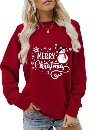 KOJOOIN Womens Merry Christmas Sweatshirt Funny Christmas Tree Truck Graphic Pullover Casual Long Sleeve Blouse Tops Red