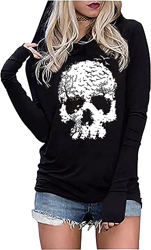 FCHICH Skull Hoodie Tshirt Women Vintage Gothic Graphic Tees Halloween Hoodies Casual Fall Long Sleeve Pullover Tops (XL, Black)