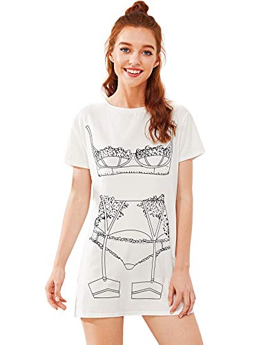 Floerns Women's Funny Lingerie Nightgown Cute Print Tshirt Sleepdress White M