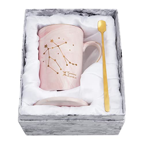 YHRJWN - Gemini Gifts for Women, Gemini Zodiac Sign Star Coffee Mug, Gemini Gifts for Girls Woman Friends, May June Birthday Gifts for 12 Horoscope Astrology Lovers, 14 Oz Pink Cup with Gift Box