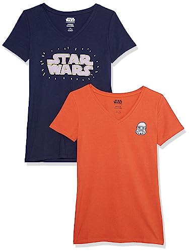 Amazon Essentials Disney | Marvel | Star Wars | Princess Women's Classic-Fit Short-Sleeve V-Neck T-Shirt, Pack of 2, Star Wars Logo, Large