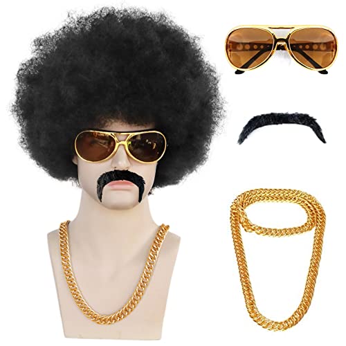 Anogol 5pcs Set (Hair Cap+Glasses+Mustache+Necklace+Wig) Afro Wig Men, 1970s Wig for Men, 70s Wigs for Men, 80s Wigs for Men, Disco Wig for Halloween, Short Curly Black Afro Wigs for Men Party