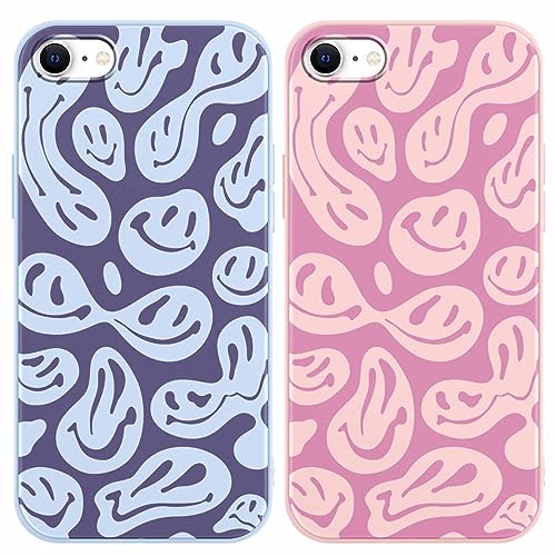 RUMDEY 2 Pack Funny Smile for iPhone 7/8/SE 2020/SE 2022 4.7' Phone Case, Happy Face Aesthetic Design Cases Soft Silicone Slim TPU Shockproof Protective Fundas for Teen Girls Women (Blue&Pink)