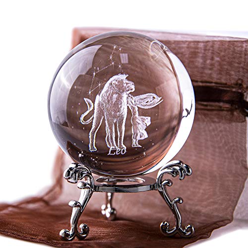 Crystal 3D Constellation Ball Crystal Paperweight Full Sphere Glass Fengshui With Sliver-Plated Flowering Stand(Leo)