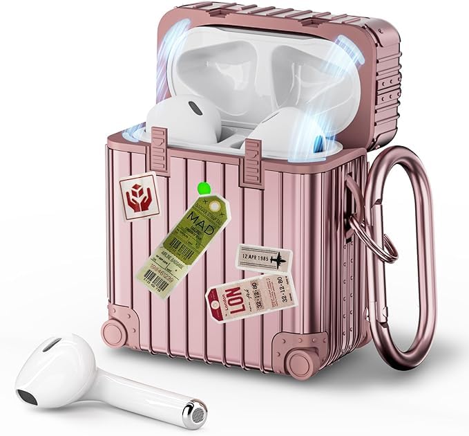 Airpods Case, QINGQING Funny Suitcase AirPods Case Cover for for iPod Earbuds, Cute Fashion Protective Hard Case for Apple AirPods 2nd 1st (Rose Gold)
