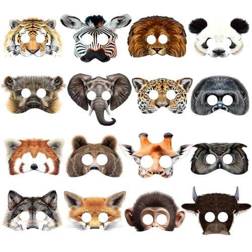 Blulu 16 Pieces Animal Masks Jungle Animal Face Masks for Kids Party Favors Woodland Paper Masks Forest Animals Cartoon Masks Safari Theme Birthday Party Decorations, Zoo Animal Face Masks