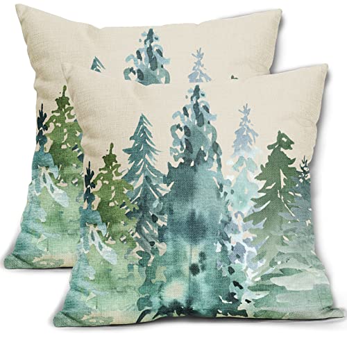 Sweetshow Watercolor Blue Green Tree Pillow Covers 18x18 Set of 2 Rustic Style Nature Forest Print Decorative Throw Pillows Winter Christmas Square Linen Cushion Case for Home Sofa Couch Bed Outdoor