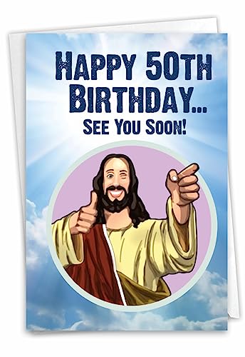 NobleWorks - Funny 50th Birthday Greeting Card - Joking God Humor Milestone, 50 Years Happy Bday Notecard with Envelope (1 Card) - See You Soon 50 C9065MBG