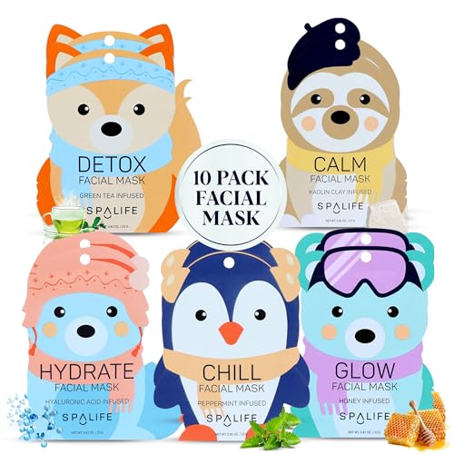 SpaLife Snow Buddies Facial Mask 10 Pack - Hydrating Character Sheet Masks for Women, Moisturizing Skincare Variety Set for Glowing Skin - Korean Facial Mask Spa Treatment with Natural Ingredients