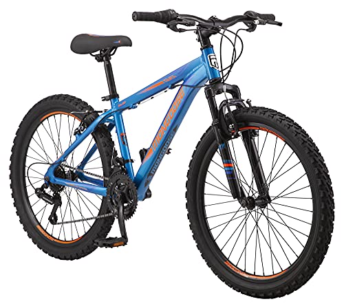 Mongoose Flatrock Hardtail Mountain Bike, 24-Inch Wheels, 21 Speed Twist Shifters, 14.5-Inch Lightweight Aluminum Frame, Blue