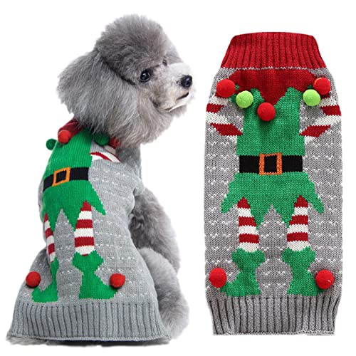 DOGGYZSTYLE Dog Cat Ugly Christmas Sweater Boy Girl Xmas Pet Clothes Holiday Puppy Costume New Year Gifts for Small Medium Large Dogs Outfits (XS, Grey Elf)