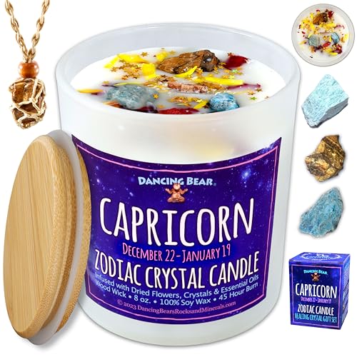 DANCING BEAR Capricorn Zodiac Candle Gift Box Set with 3 Healing Crystals & Stone Holder Necklace, 100% Soy Scented Wax, Crackling Wood Wick, 45 Hour Burn Time