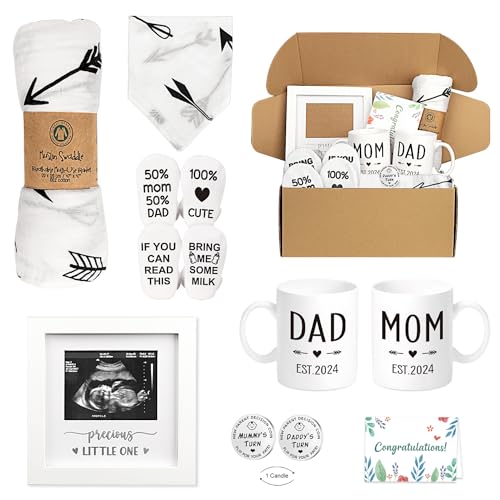 Pregnancy Gifts for New Parents Est 2024- New Mom Gifts Basket for Pregnancy Announcement, Baby Shower - Mom & Dad Mugs, Decision Coin, Ultrasound Frame, Swaddle Blanket, Bib, Socks