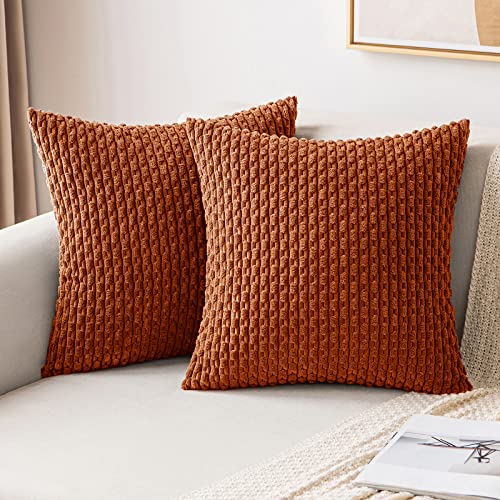 MIULEE Throw Pillow Covers Soft Corduroy Decorative Set of 2 Boho Striped Pillow Covers Pillowcases Farmhouse Home Decor for Couch Bed Sofa Living Room 18x18 Inch Rust