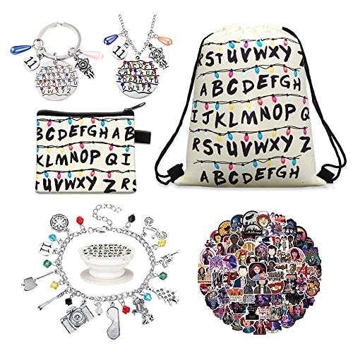 MEKZU Stranger Merchandise Gift Set, Including Drawstring Backpack, Coin Wallet, Stickers, Bracelet, Phone Ring Holder, Keychain, Necklace