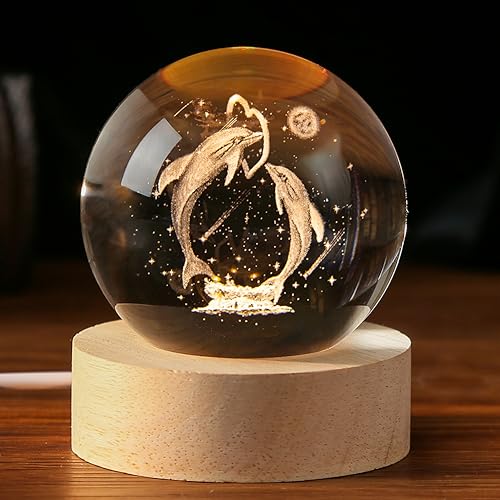 IFOLAINA Dolphin Gift 3D Dolphins Figurines in Crystal Ball 60mm Laser Engraved Glass Sphere Home Decor with Wooden Light Base