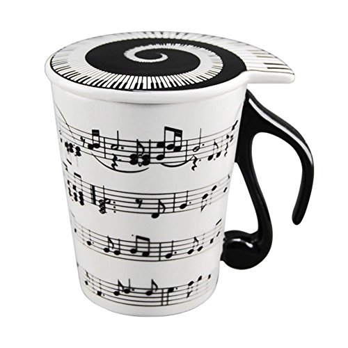 HLJgift Creative Ceramic Musician Coffee Mug Tea Cup with Lid Staves Music Notes as Valentine's Day Gift Teacher Gift
