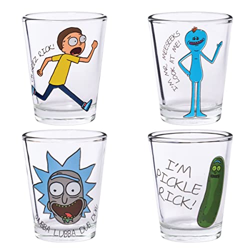 Silver Buffalo Rick and Morty Character Phrases 4-Pack Mini Glass Set, 1.5-Ounce