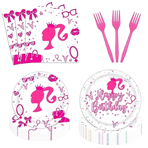 96PCS Pink Princess Party Tableware Set Pink Girl Party Supplies for 24 Guests Glamour Party Dinnerware Set Girl Lady Birthday Plates Party Decorations