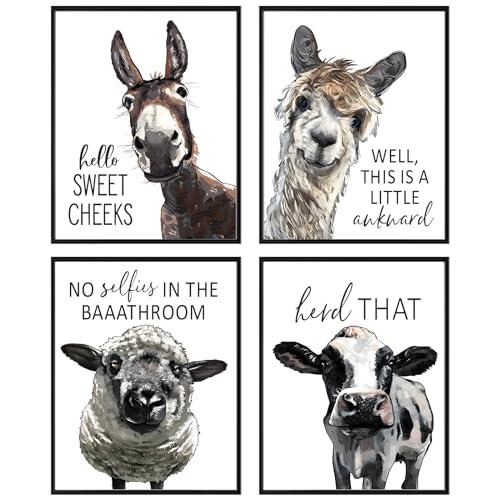 TWNSLLA Funny Bathroom Wall Art Decor,Bathroom Llama Cow Sheep & Donkey Art Prints,Farmhouse Bathroom Wall Decor,Funny Bathroom Animal Sign,Animal Bathroom Canvas Wall Art,UNFRAMED,8x10inchx4pcs