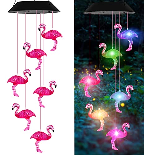 AIONASA Solar Wind Chimes , Flamingo Wind Chimes Birthday Gifts for Mom Grandma Dad, IP65 Waterproof Memorial Wind Chimes with 7 Color Changing LED Lights, Outdoor Decor Garden Yard Decorations