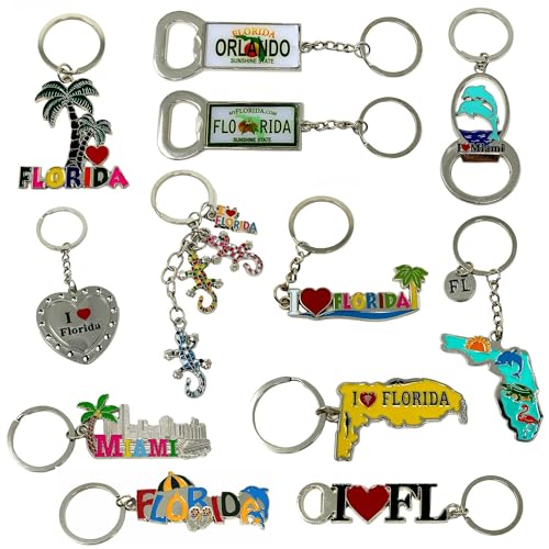 TSY TOOL 12 Pack of Florida State Keychain Metal Ring, Includes Palm Tree, Gecko, Dolphin, Orlando License Plate, 3 Bottle Openers, Miami Souvenirs bulk Collection Bundle