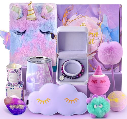 G.C Unicorn Gifts for Girls Toys 6 7 8 9 10-12, Kids Plush Diary Bath Bombs Spa Care Scented Candle Bracelet Eye Mask Water Bottle, Purple Birthday Gifts Basket for Girls Teens