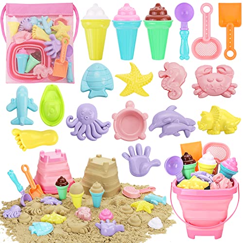 REZUCREY Beach Toys, Ice Cream Sand Toys for Toddlers, with Collapsible Bucket and Shovels for Kids with Bag, Travel Toys for Boys Baby Girls Age 3 4 5 6 7 8+