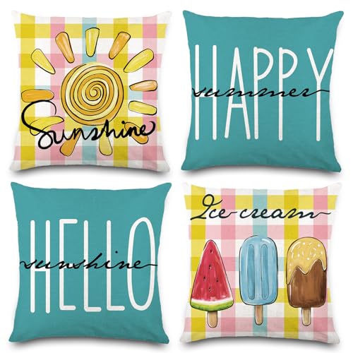 Vellibring Summer Pillow Covers 18x18 Happy Summer Throw Pillow Covers Hello Sunshine Ice Cream Pillow Covers for Farmhouse Decoration Indoor Outdoor Home Decor