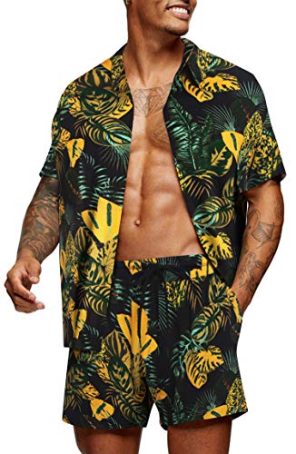 COOFANDY Men's Hawaiian Set Casual Floral Print Shirt Summer Shirt and Shorts