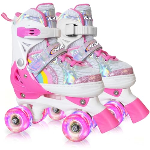 Toddler Roller Skates for Little Kids Toddler Ages 3-5 3 4 5, 4 Size Adjustable Girls Rainbow Unicorn Quad Skates with All Light Up Wheels - Best Birthday Gift for Outdoor Sports