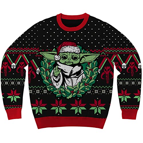 Star Wars The Mandalorian Grogu Wreath Holiday Christmas Sweater Licensed (Large) Black